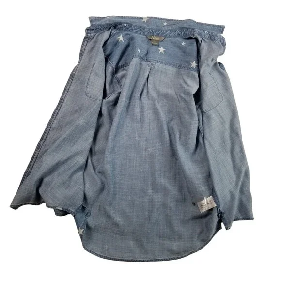 Natural Reflections Button Up Chambray Shirt Womens Sz M Star Print Blue Lyocell - Picture 10 of 14